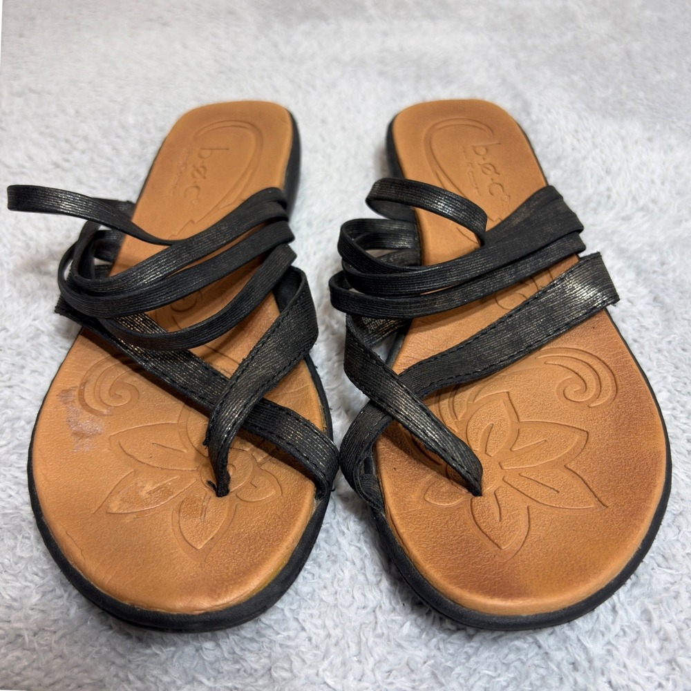 b.o.c. Born Concept Strappy Sandals Women 8M Black Metallic Toe Loop Flat Z40100